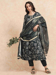 Dark Green Vatican Shimmer Floral Printed Anarkali Kurta, Solid Pants & Printed Dupatta Set
